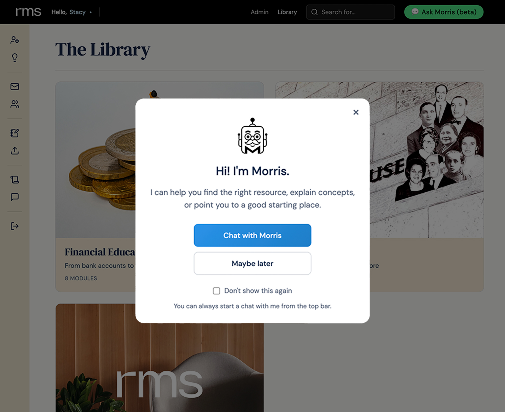 The Library screen with the Morris chat modal open in front of it